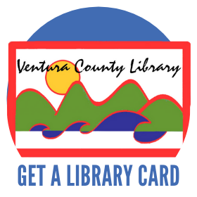 Get a Library card, image of the Ventura County Library card with hills and ocean graphic