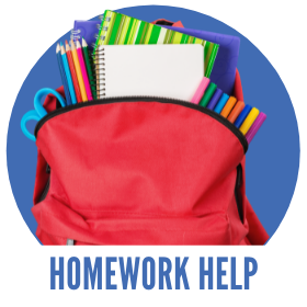 Homework Help, image of a red backpack overflowing with school supplies