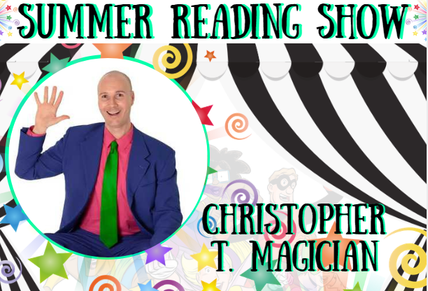 Black and white curtain with stars and swirlys overlaid, background is white with superheroes. Summer reading show and the performers name written in black lettering with an aqua shadow. Aqua colored circle frame with the performer in it. 