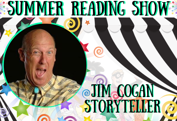 Black and white curtain with stars and swirlys overlaid, background is white with superheroes. Summer reading show and the performers name written in black lettering with an aqua shadow. Aqua colored circle frame with the performer in it. 