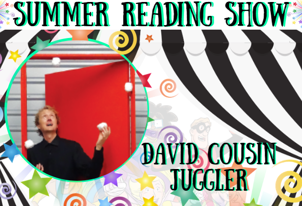 Black and white curtain with stars and swirlys overlaid, background is white with superheroes. Summer reading show and the performers name written in black lettering with an aqua shadow. Aqua colored circle frame with the performer in it. 