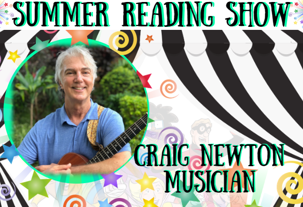 Black and white curtain with stars and swirlys overlaid, background is white with superheroes. Summer reading show and the performers name written in black lettering with an aqua shadow. Aqua colored circle frame with the performer in it. 