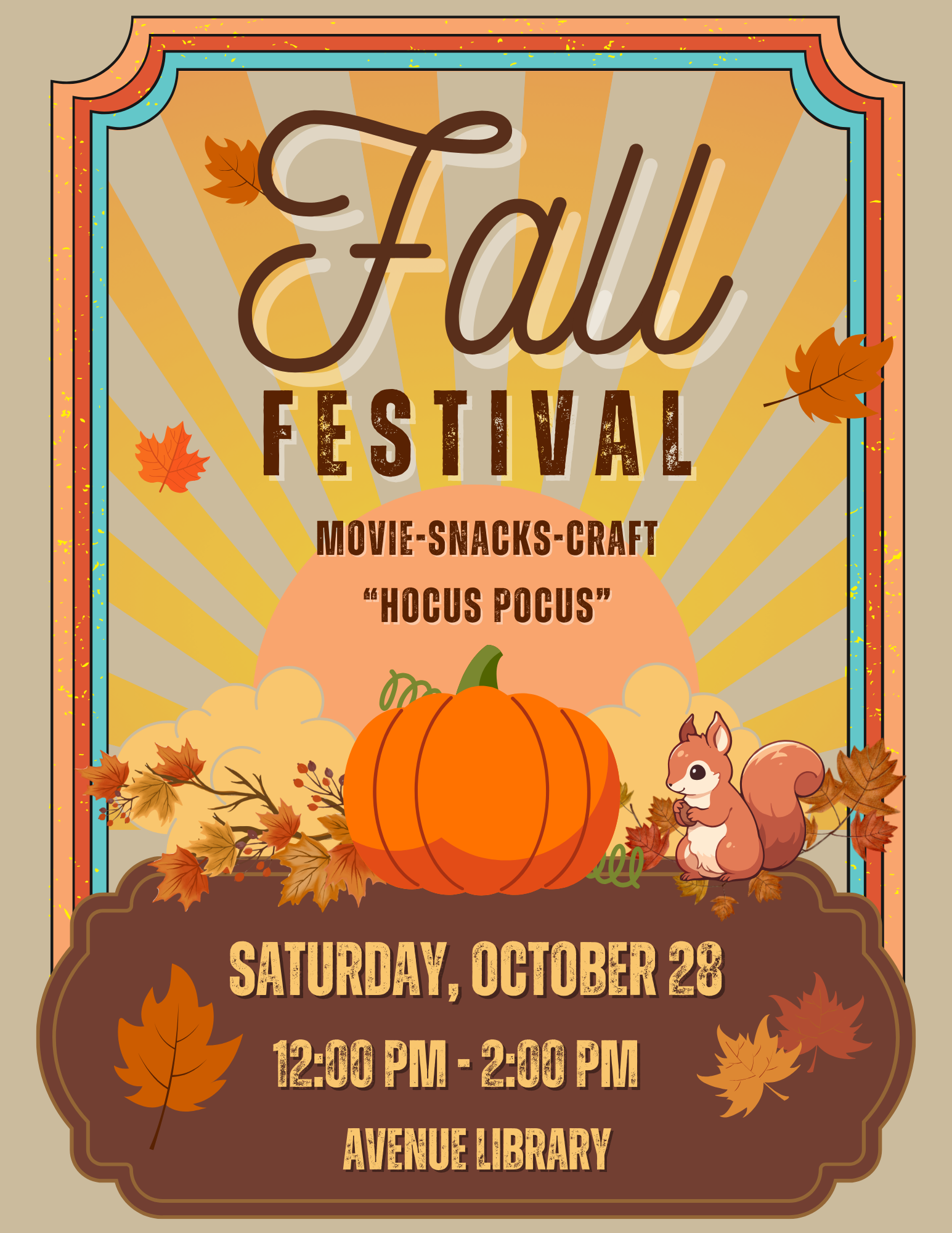 Fall Festival at Avenue Library on Saturday, October 28 from 12:00 to 2:00.  Featuring the movie Hocus Pocus, snacks, and a craft.