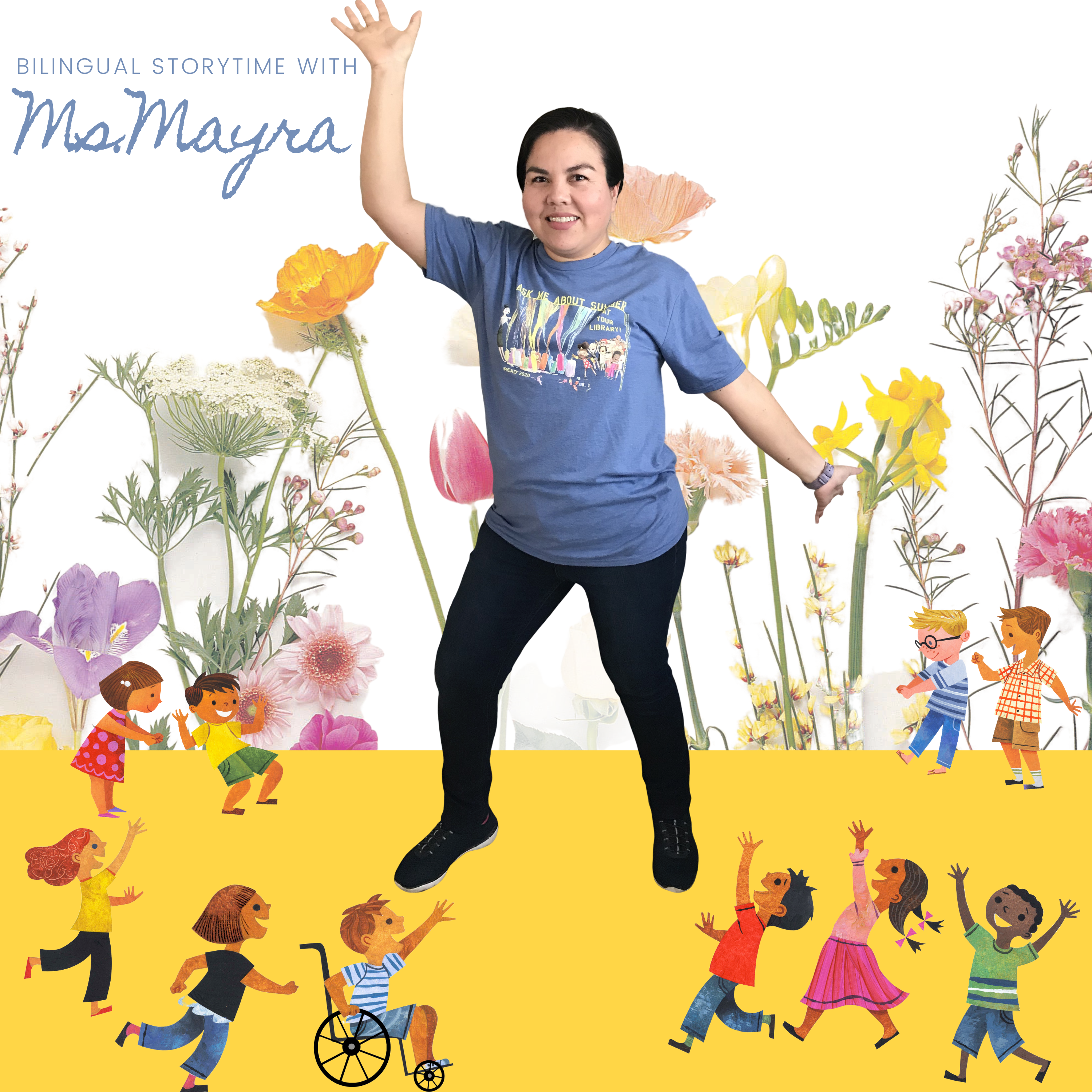 image shows woman standing and smiling amidst a computerized field of wildflowers and cartoon children