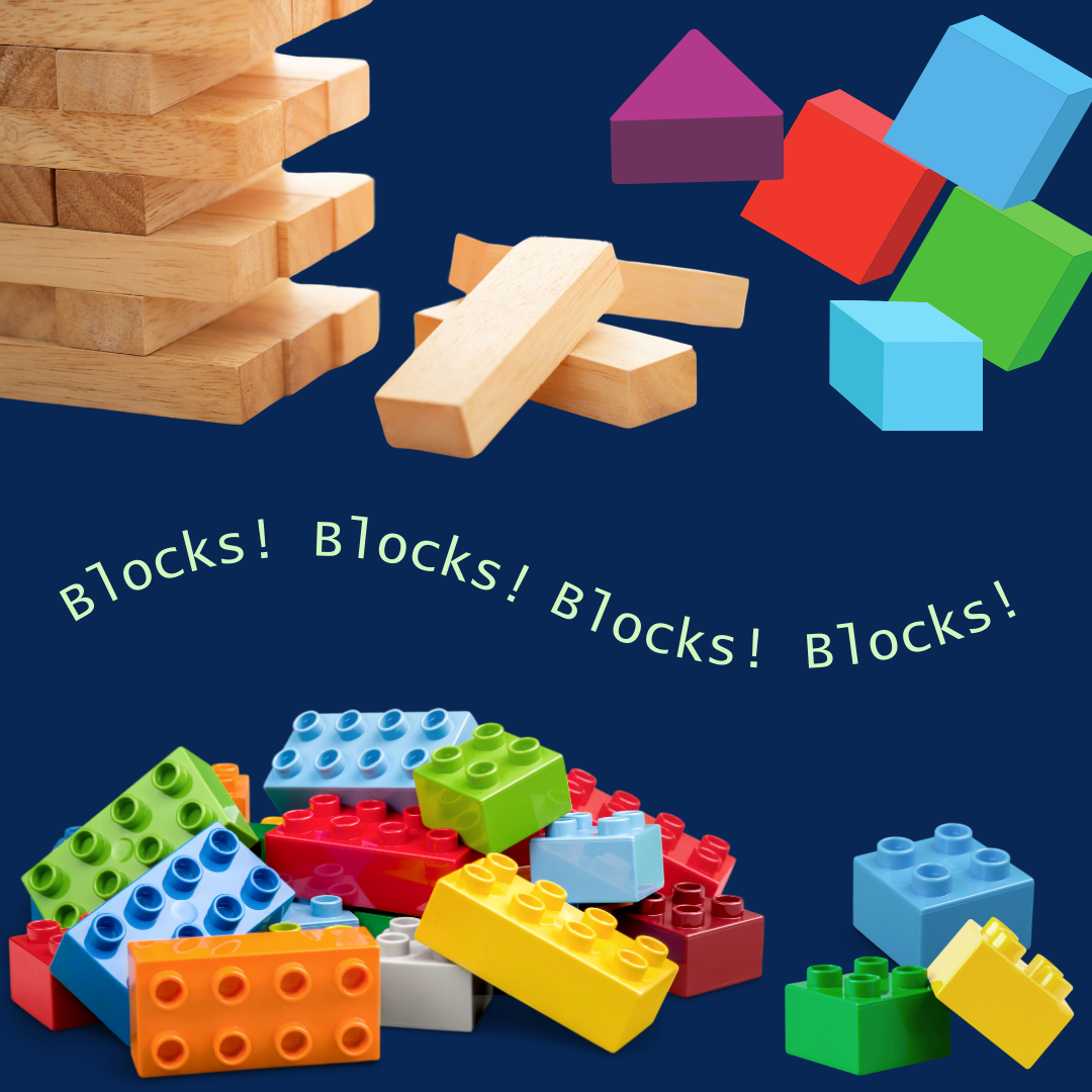 Images of types of blocks like Legos and Duplos