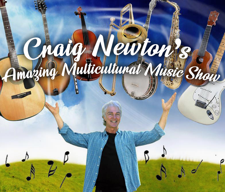 a smiling older man holds his hands up against a fake sky that has ten floating instruments, including a guitar, cello, violin, ukulele, trombone, saxophone, and electric guitar. Cartoon music notes are also included in the fake backdrop of the photo. 