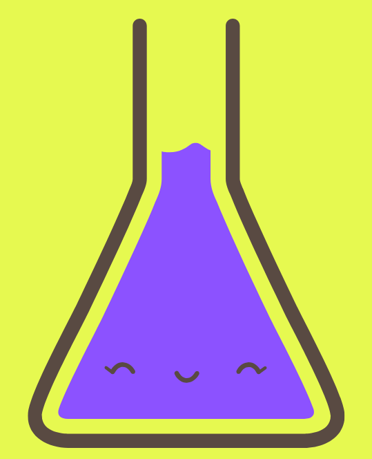 A graphic of a cute beaker filled with purple liquid on a lime green background.