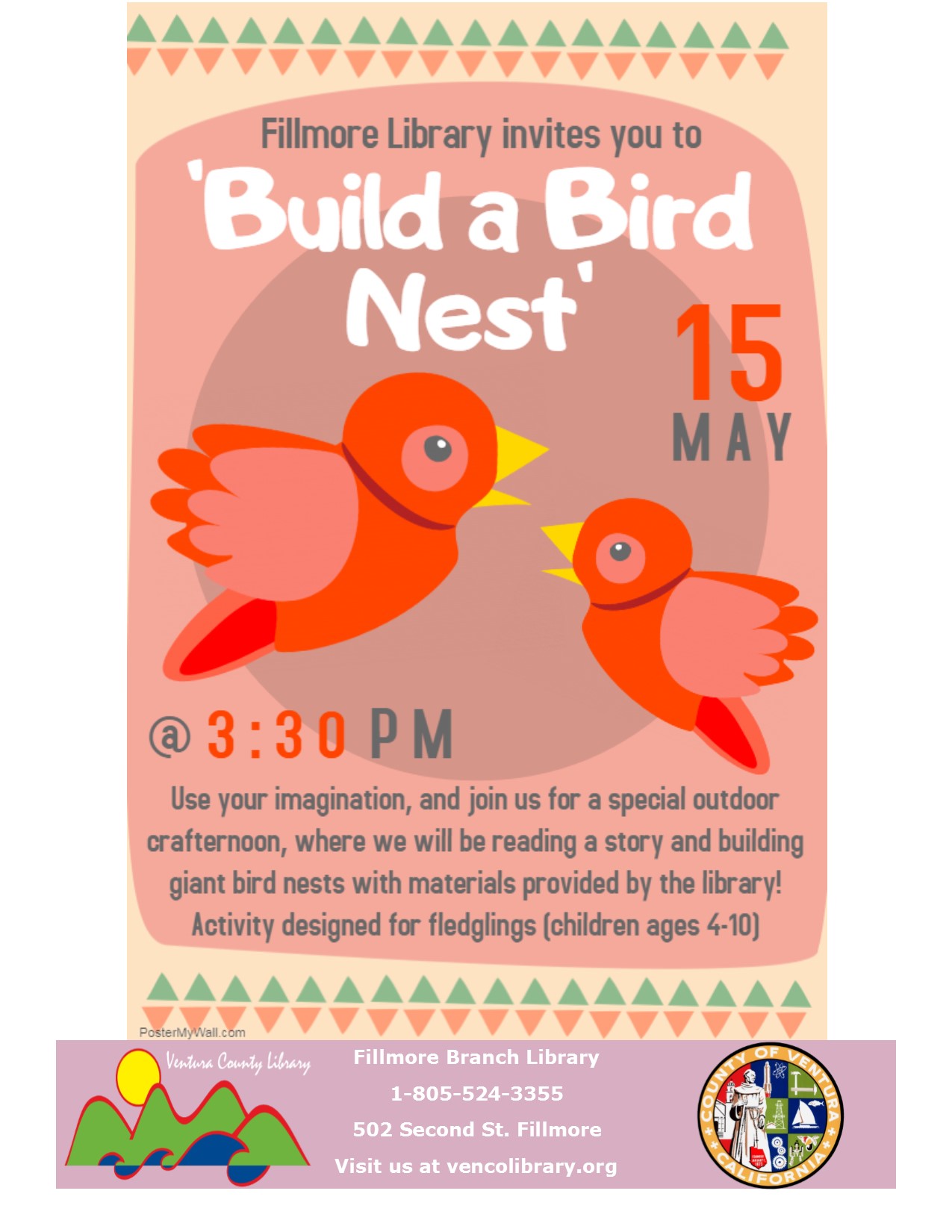 Flyer for event, info in calendar listing. Flyer is colorful and has a couple of birds on it.