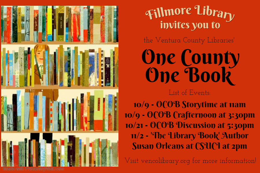 Fillmore OCOB flyer showing bookcase with figure behind it. Text on calendar listing.