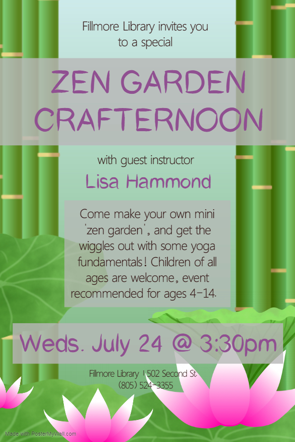 Flyer for Zen Garden Crafternoon at Fillmore Library