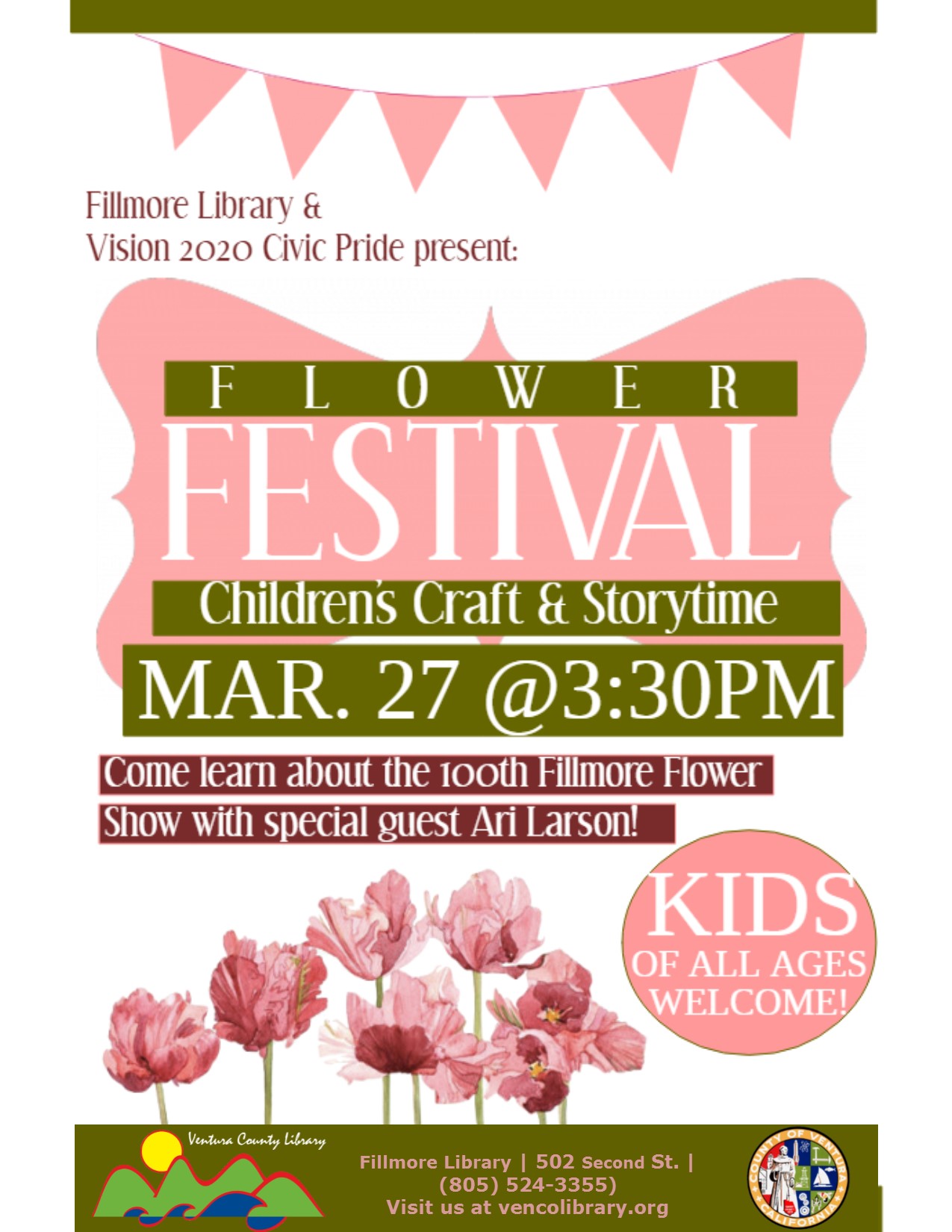 Flyer for event, info in calendar listing. Flyer is pink and green and full of flowers.