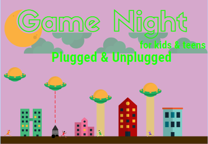 Retro gaming scene with a pink background and the words 'Game Night for kids & teens plugged & unplugged'