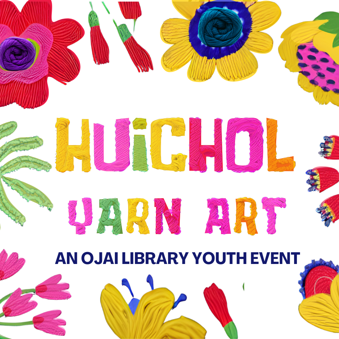 Colorful yarn art of  big flowers. Huichol yarn art an Ojai library youth event.