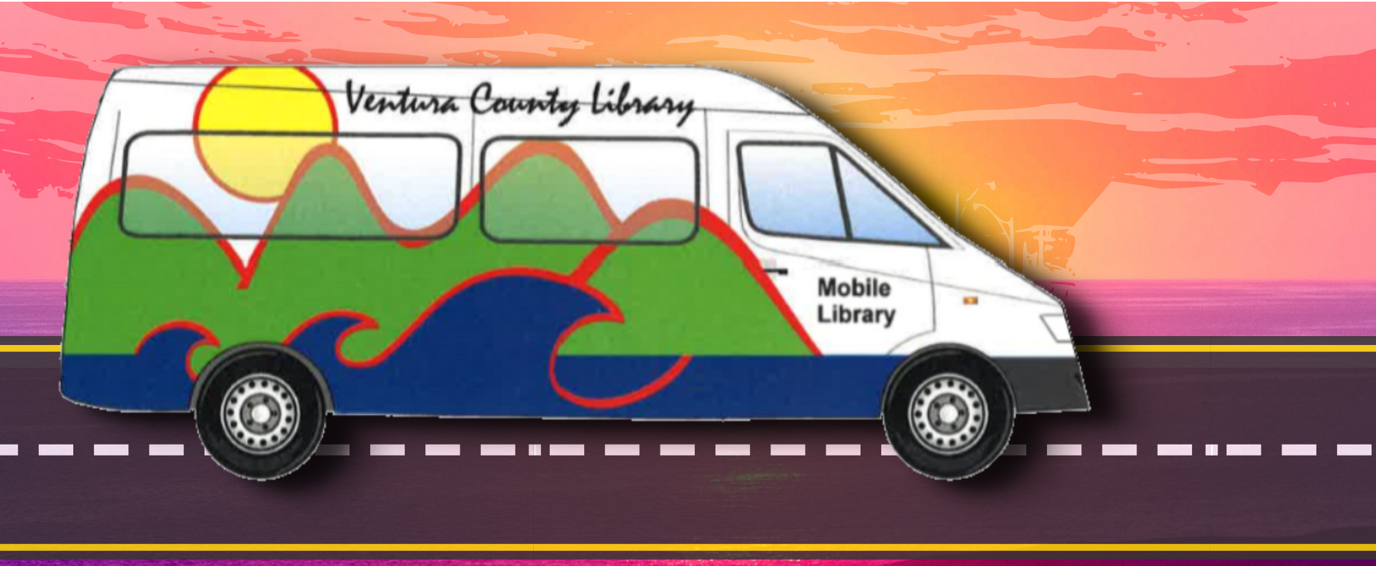 Graphic of the mobile library van at sunset