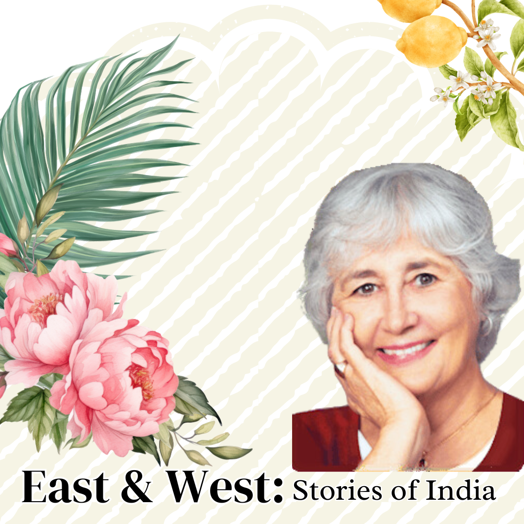 East & west: stories of India. Palm leaves and flowers with a picture of the author.