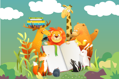 Graphic of wild animals reading a book on a background of bushes and clouds.