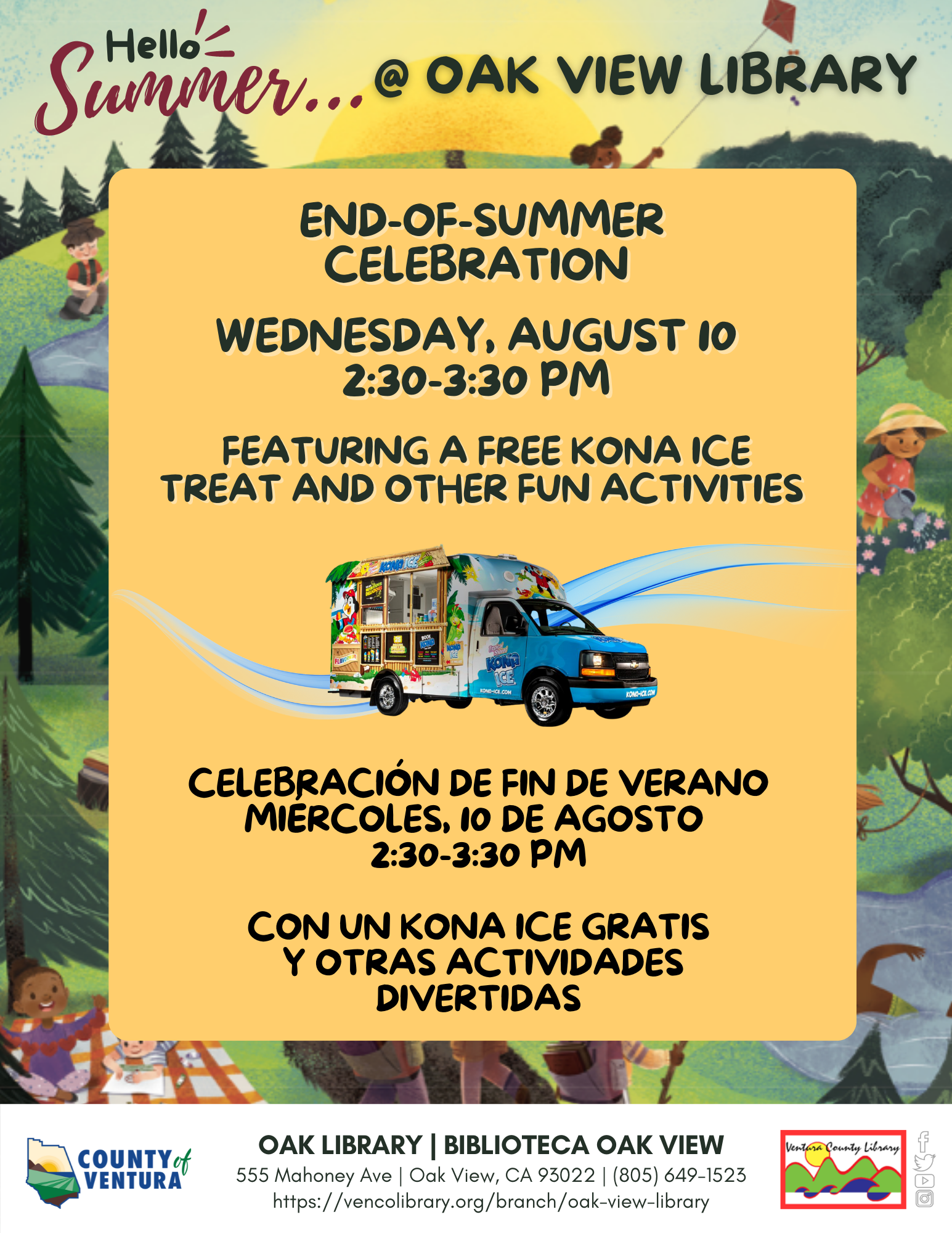 Information flyer for event with centered image of the Kona Ice food truck on a painted background of children playing and reading in nature.