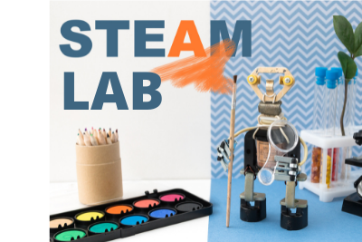 Banner at top reads "STEAM Lab" with images of a water color paint set, homemade robot holding a paint brush and assorted science beakers.