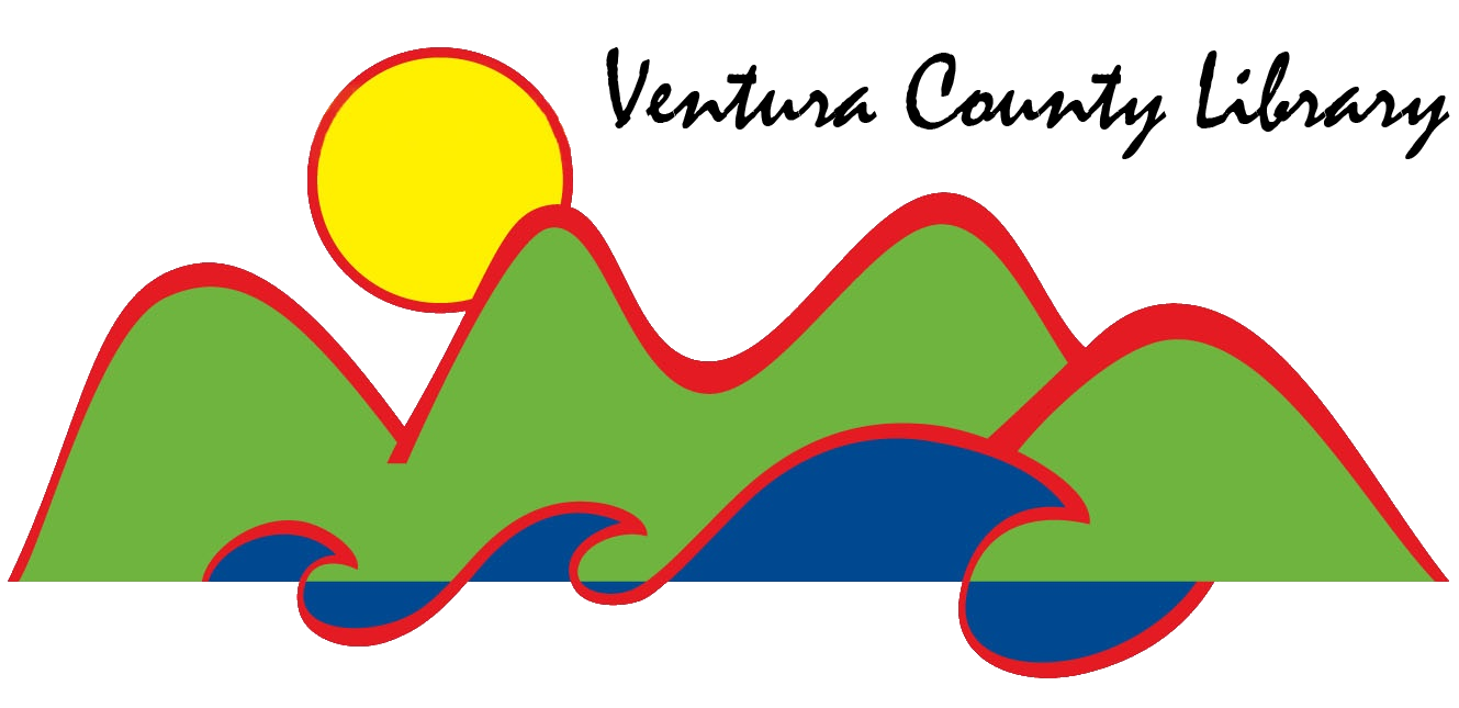 Ventura County Library logo, green mountains, blue waves, yellow sun. All have a red outline.
