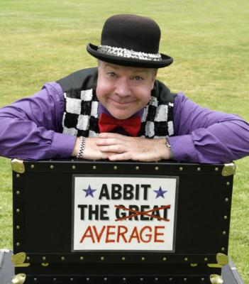 magician on top of sign that says abbit the great, and then great is crossed out and replaced with the word average