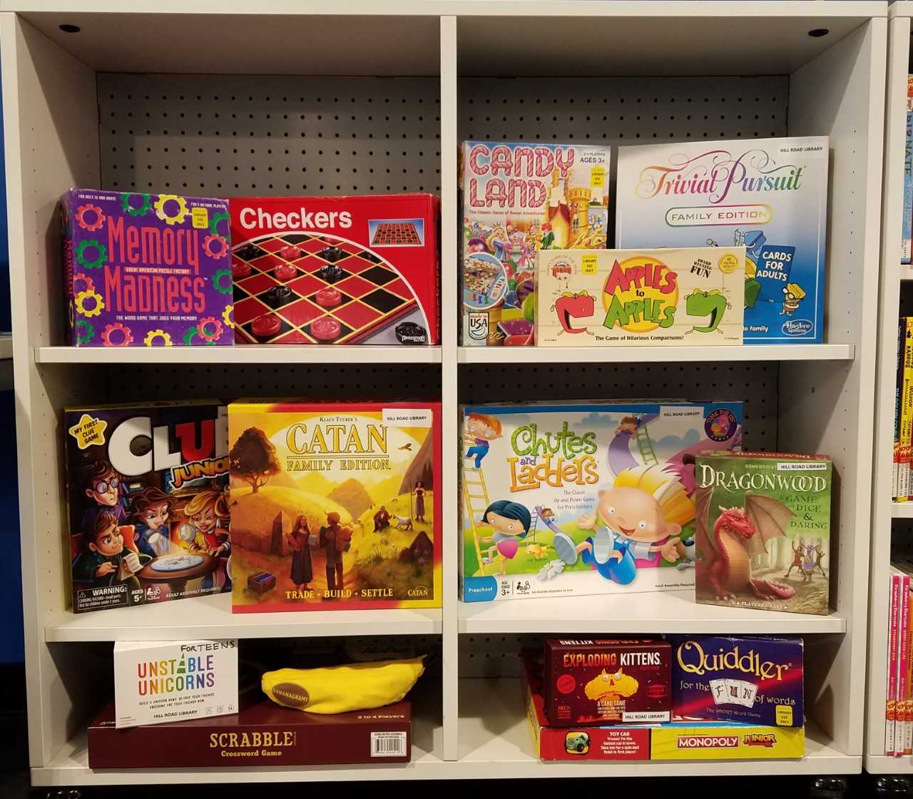 photos shows all of the various board games available at the library