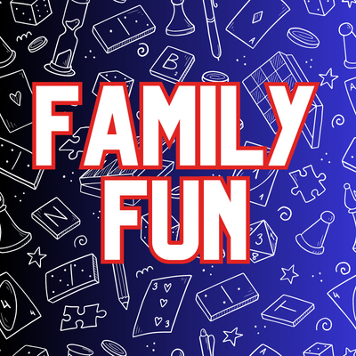 Text Family Fun with board games as a background