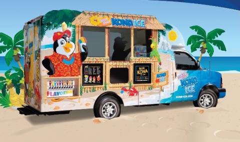 shaved ice truck with cartoon penguin on the side, parked on a beach