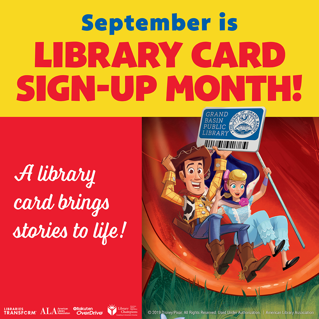 September is Library Card Sign-up month picture with Toy Story characters