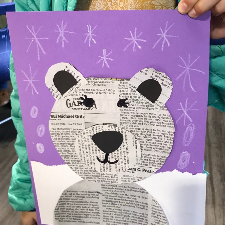 craft of a polar bear made using newspaper and construction paper