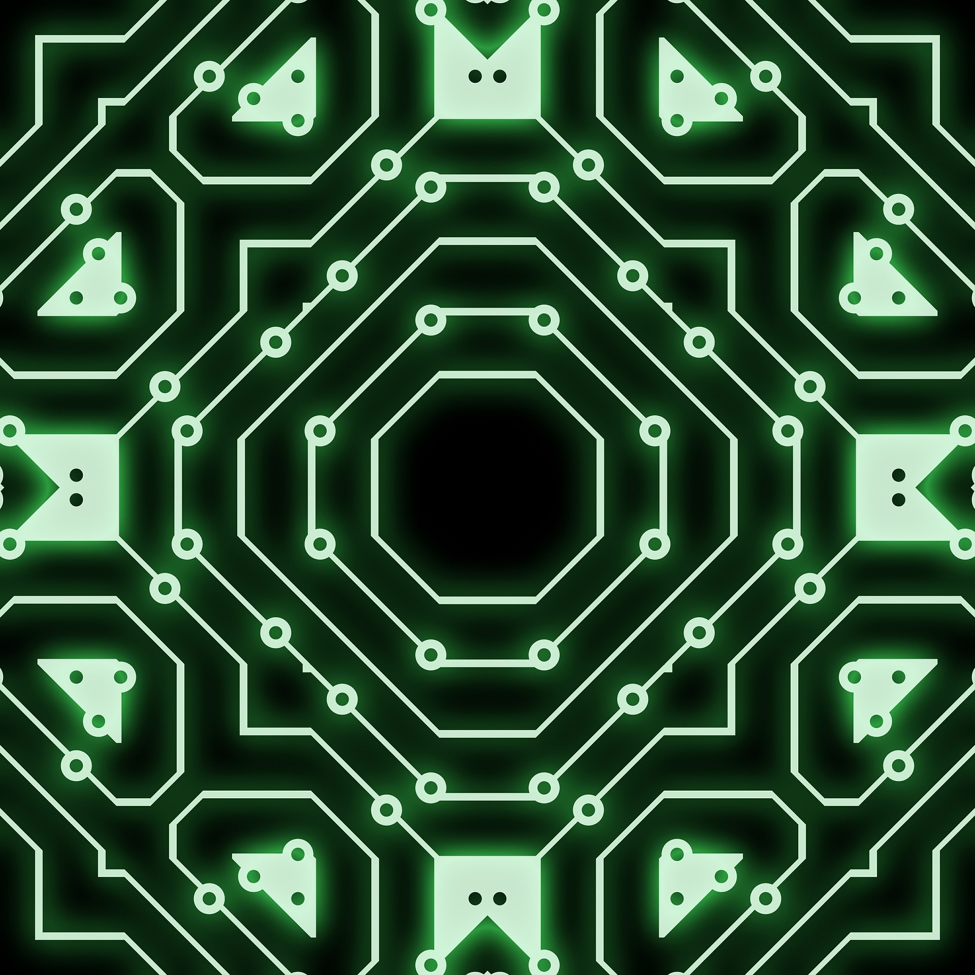 black background, green neon circuit board foreground