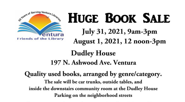 Huge Book Sale by the Ventura Friends of the Library, shows their logo 