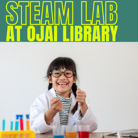 STEAM Lab at Ojai Library. Smiling child in a lab coat with colorful liquids in beakers. 