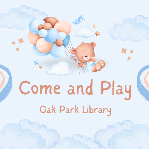 Graphic of a baby bear with balloons in clouds - Come and Play