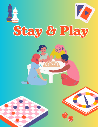 Stay and Play.  People sitting around a table, playing board games.