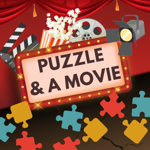 Puzzle & a movie. Puzzle pieces with a curtain and stage background. Popcorn with filming accessories.