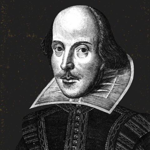 black and white illustration of William Shakespeare. Black spattered background.