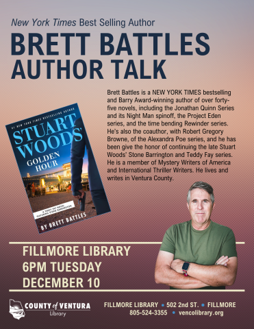 Brett Battles and his book cover with event details