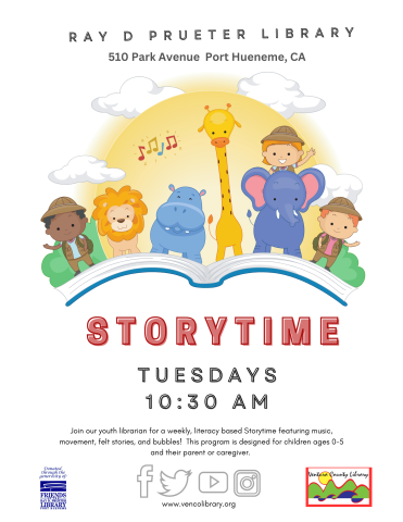 Graphic includes animated lion, hippo, giraffe, elephant and children popping out of an open storybook. Text reads Ray D Prueter Storytime. Tuesdays 10:30 am.