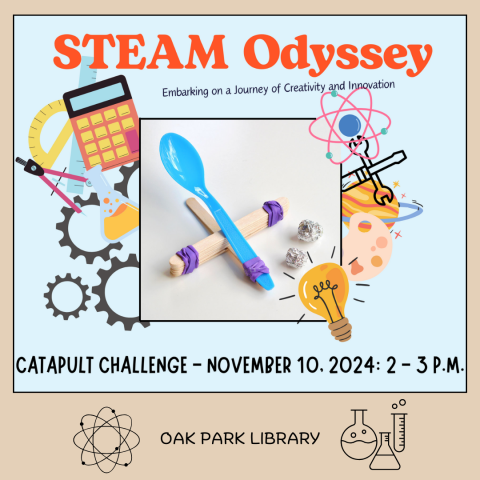 Graphics of scientific images and spoon catapult - STEAM Odyssey