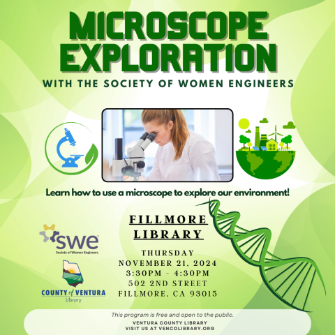 Girl looking into microscope with event details