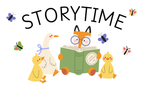 A fox reading to ducks and butterflies under the word storytime