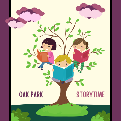 Graphic of three children reading in a tree - Oak Park Storytime