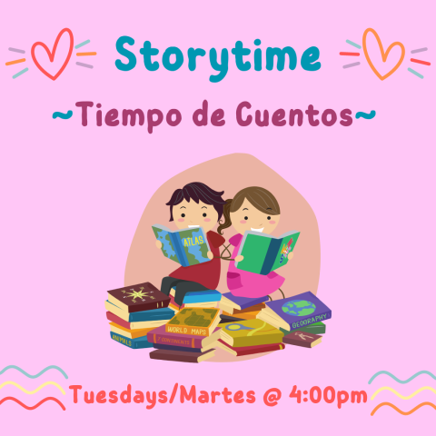 Storytime, Tuesdays at 4:00pm. Two children sitting and reading books.