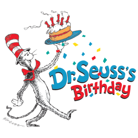 The Cat in the Hat carrying at birthday cake with text