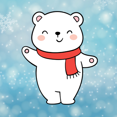 Polar bear waving with a snowflake background