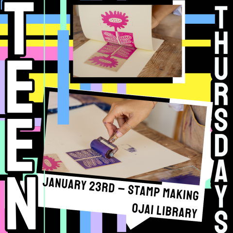 Teen Thursdays January 9th - Movie Ojai LibrarPicture of carved stamps and ink and pastel bold line illustrations.