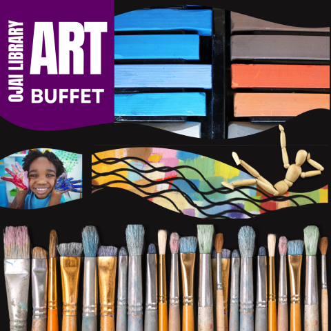 Ojai Library Art Buffet. Black background with pastel pieces and art with paint brushes. Smiling paint covered child.