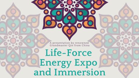 mandala background with text reading Life-Force Energy Expo and Immersion