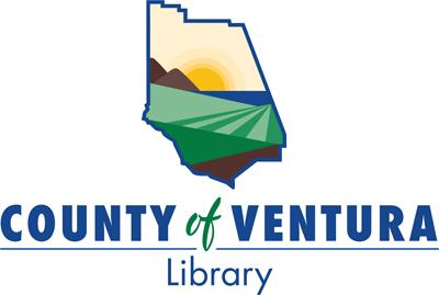 County of Ventura logo with "Library" underneath. The logo is a county shaped graphic with a sunset over crops and a mountain
