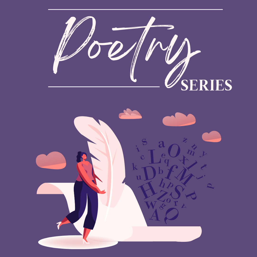 Poetry Series. Illustration of woman holding a person sized quill with letters floating.